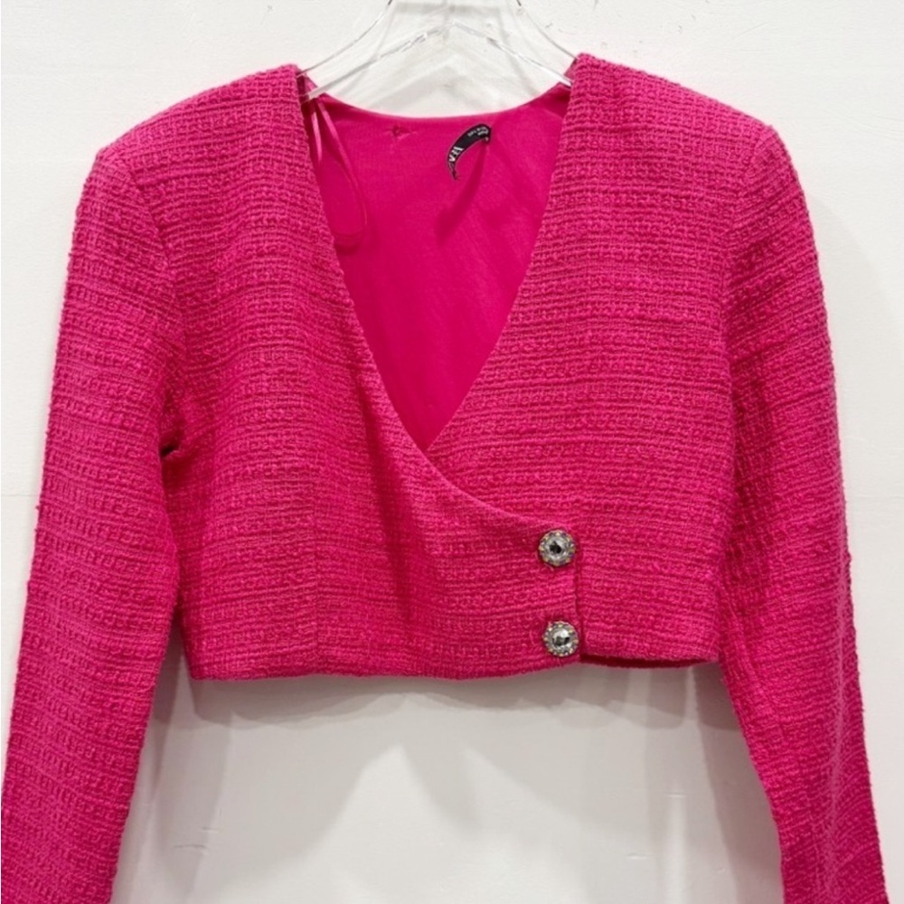 Zara Textured Structured Crop Tweed Fuchsia Hot Pink Blazer Jacket Large